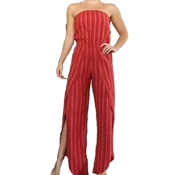 NWT DREW Emerson Strapless Jumpsuit Red Striped S Linen Wide Leg Valentines - Picture 1 of 12